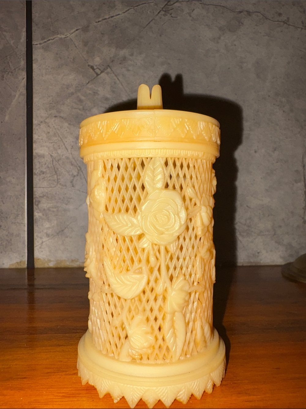 1960s MCM Lattice/ Floral Carved Resin Lidded Jar with 32 Tiny Forks Inside